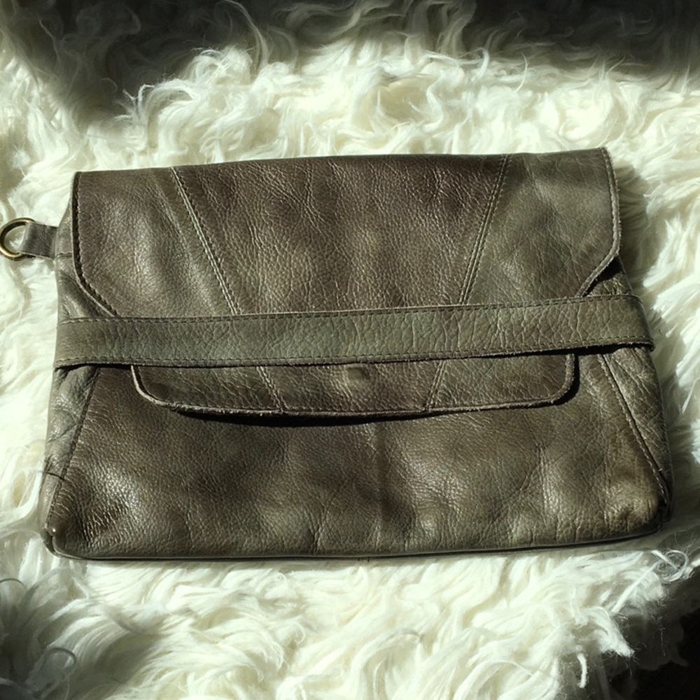 Gray, genuine leather clutch NWOT